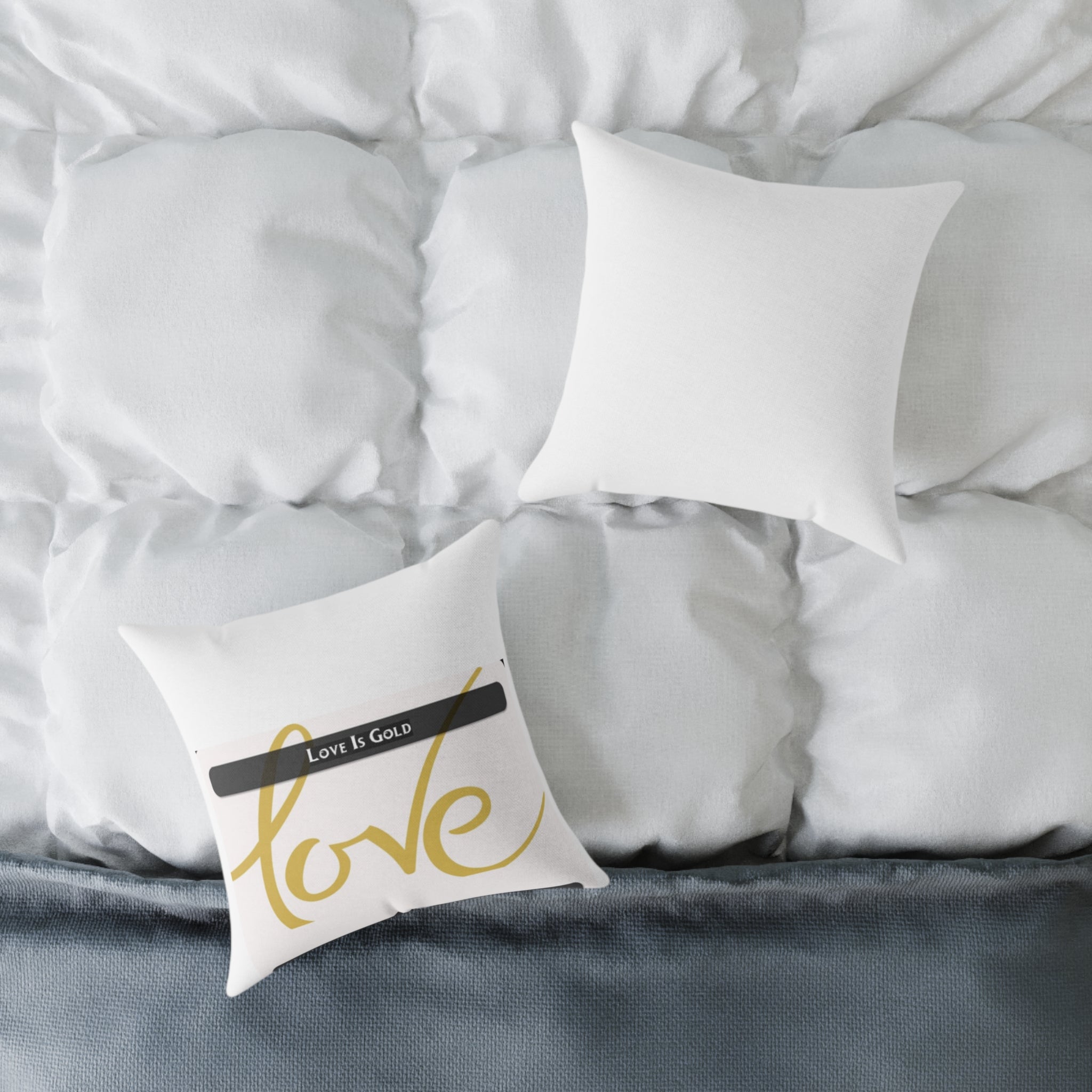 Love Is Gold Square Throw Pillow — Elegant Script Accent for Valentine’s Day & Home Decor
