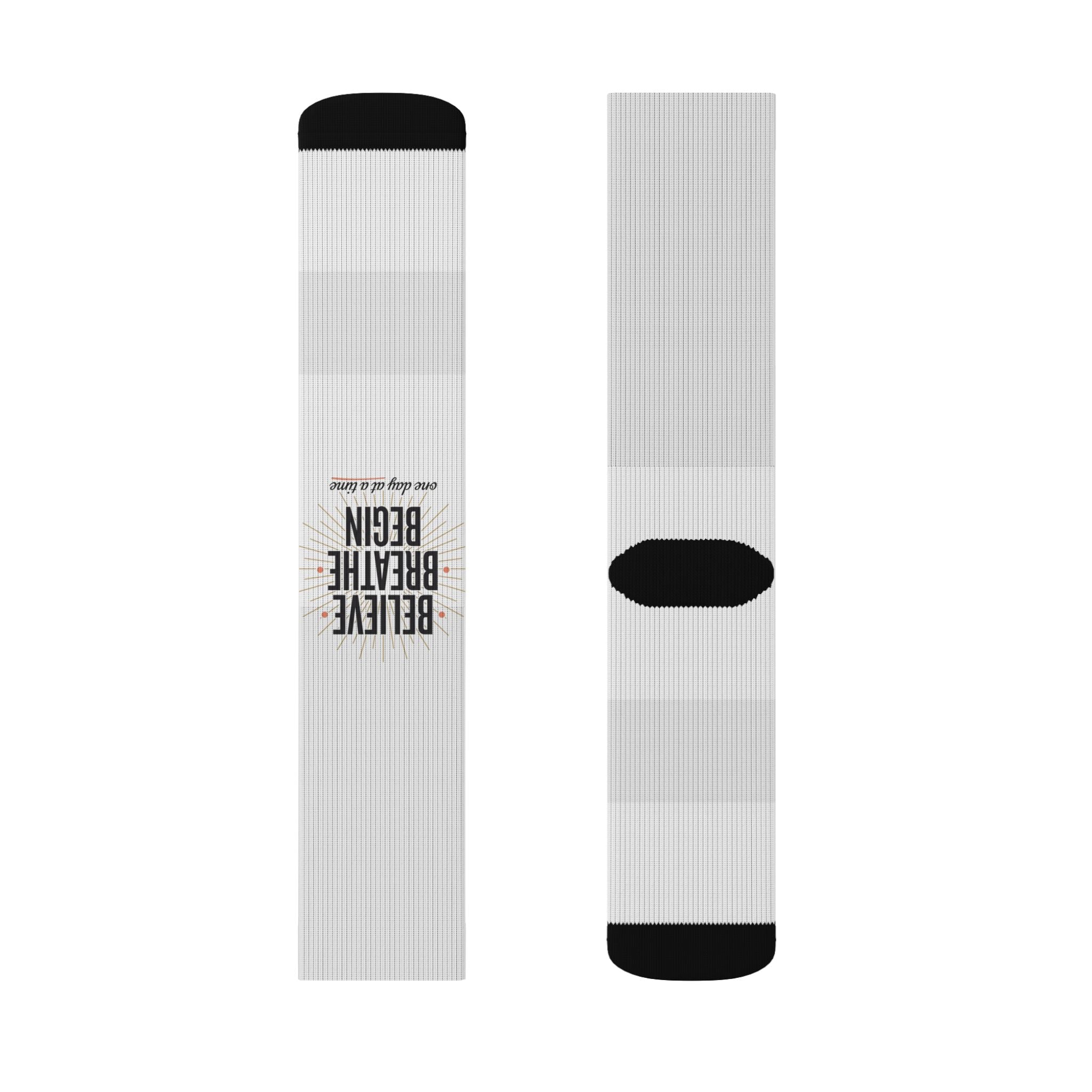 Inspirational Sublimation Socks — “Believe, Breathe, Begin” Crew Socks