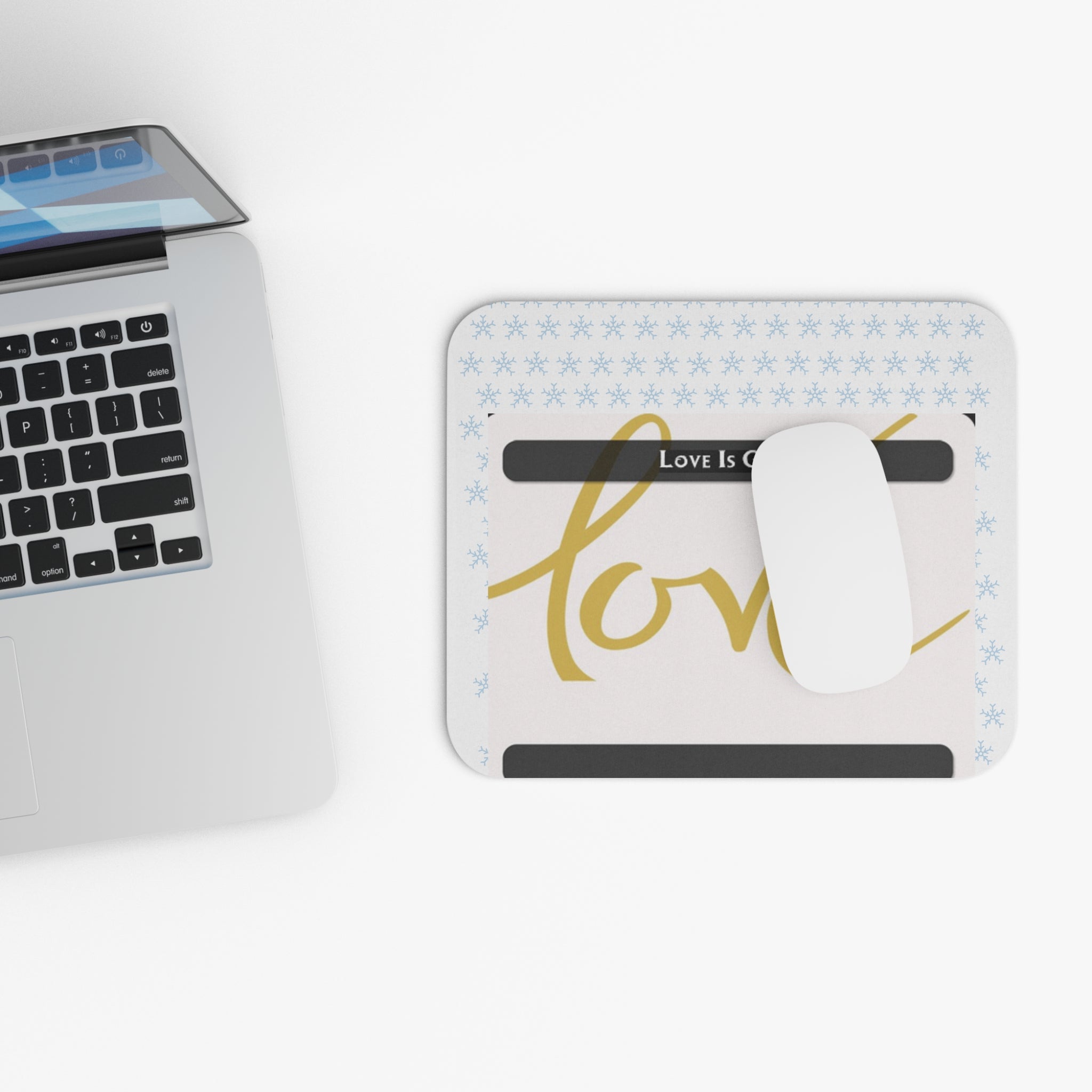 Love Is Gold Rectangle Mouse Pad — Warm Gold Script with Snowflake Accent