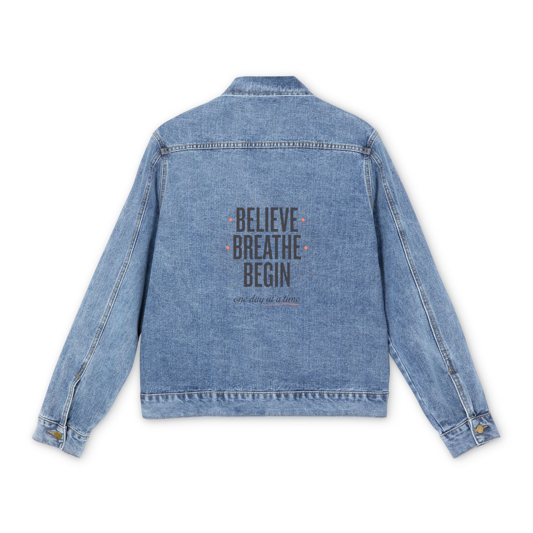 Men's Denim Jacket — 'Believe Breathe Begin' Embroidered Back Jean Jacket