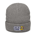 Ribbed Knit Beanie — Embroidered "Just Be Cool" Smiley Winter Hat