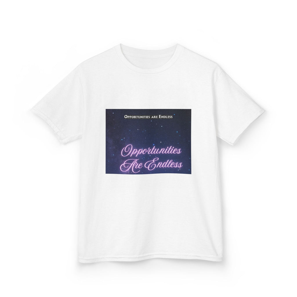 Opportunities Are Endless Kids Tee | Motivational Retro Script, Galaxy Background
