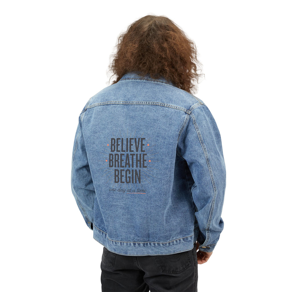 Men's Denim Jacket — 'Believe Breathe Begin' Embroidered Back Jean Jacket