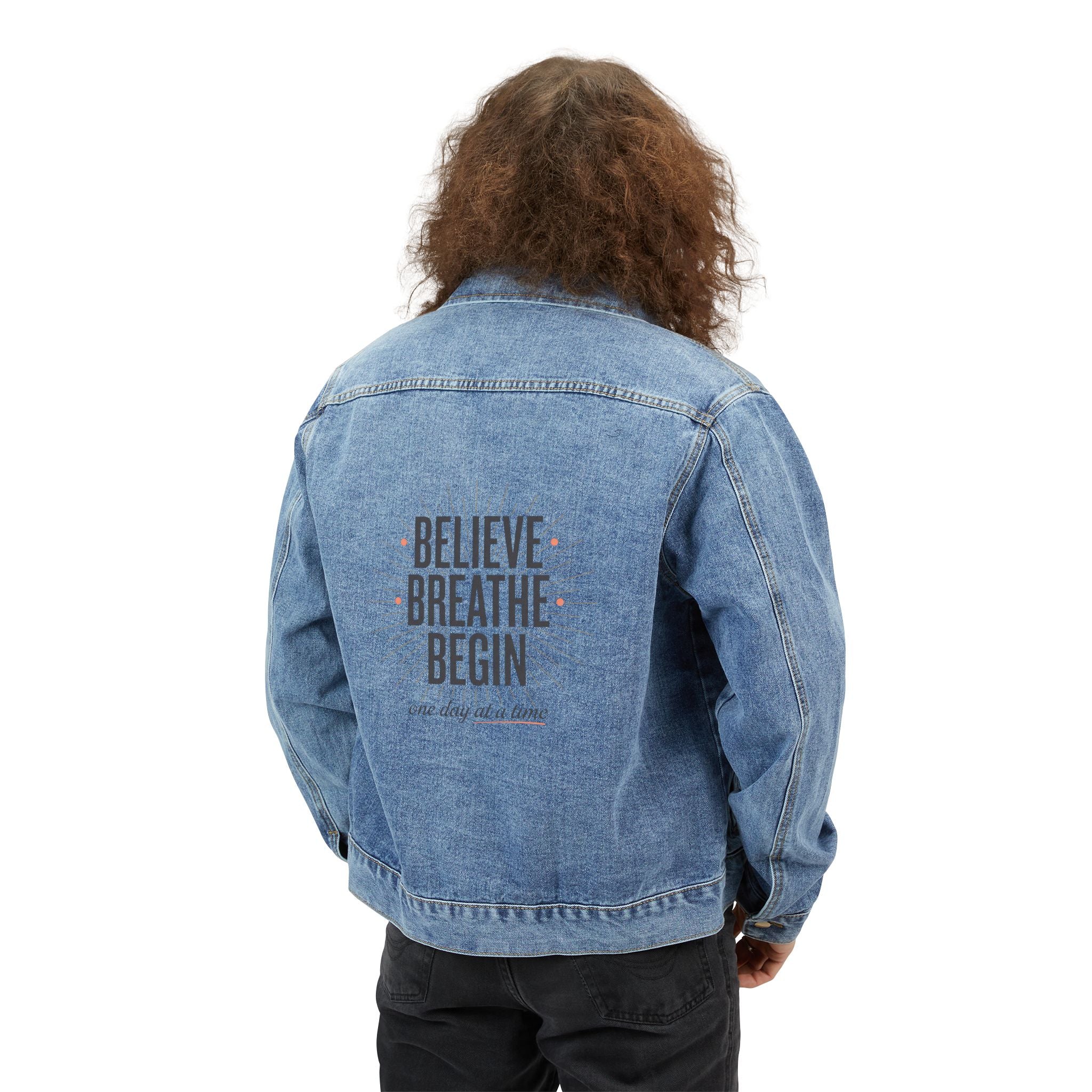 Men's Denim Jacket — 'Believe Breathe Begin' Embroidered Back Jean Jacket