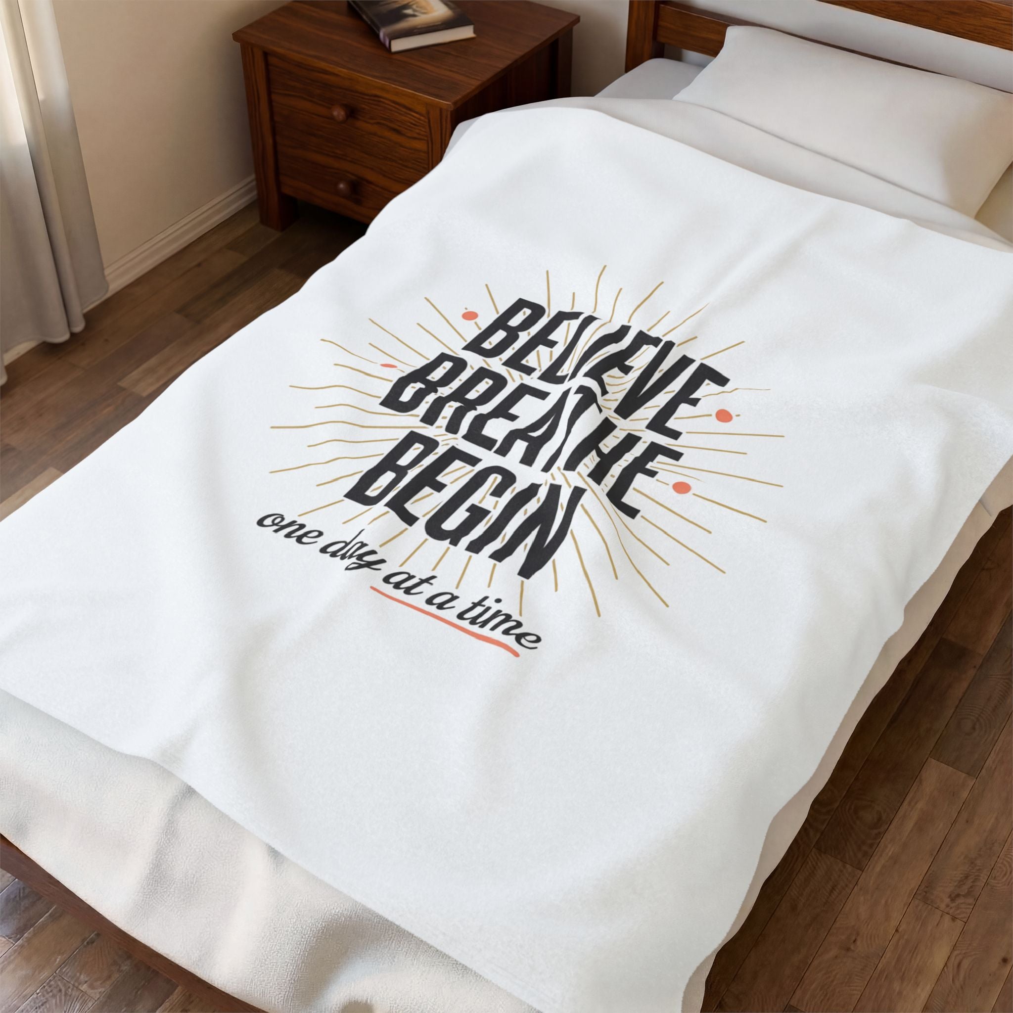Velveteen Plush Blanket — "Believe Breathe Begin" Inspirational Throw for Mindfulness & Recovery